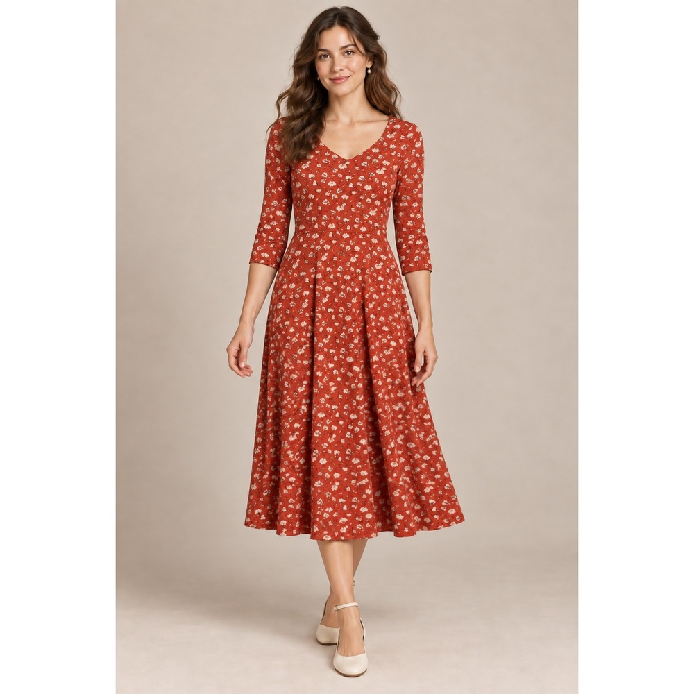 Pact Fit & Flare Dress S Red Orange Floral Organic Cotton 3/4 Sleeve Midi